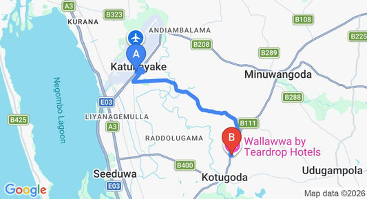 Driving route map: Colombo Airport (CMB) to The Wallawwa, Katunayake (9 km, approx 21 min private transfer)