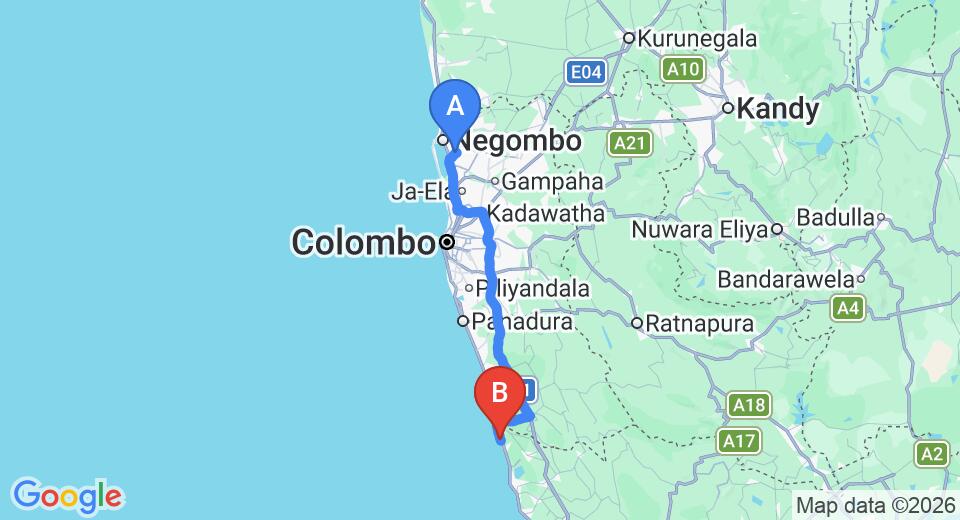 Driving route map: Colombo Airport (CMB) to Temple Tree Resort and Spa, Bentota (112 km, approx 1 h 46 min private transfer)