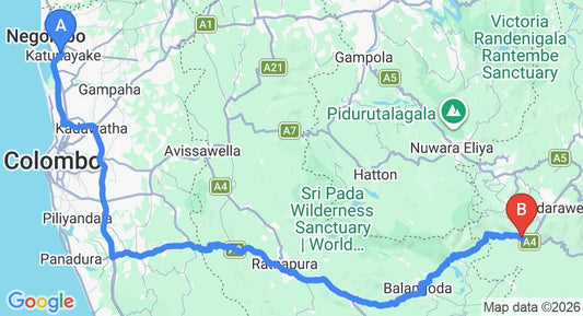 Driving route map: Colombo Airport (CMB) to Melheim Resort, Haputale (204 km, approx 4 h 50 min private transfer)