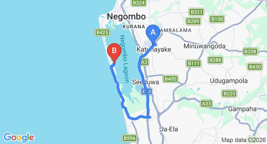 Driving route map: Colombo Airport (CMB) to Green Banks Holiday Bungalow, Negombo (24 km, approx 38 min private transfer)