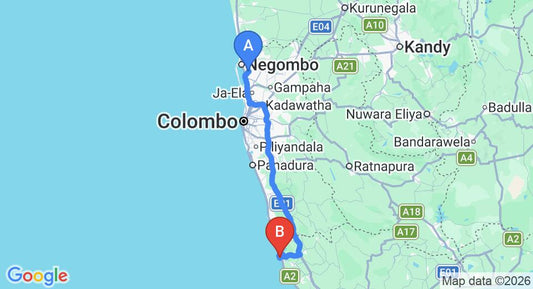 Driving route map: Colombo Airport (CMB) to Kumu Beach, Balapitiya (134 km, approx 2 h 4 min private transfer)