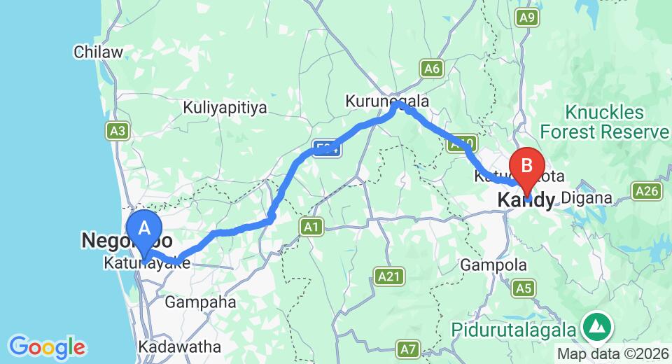 Driving route map: Colombo Airport (CMB) to Kandy Grand Paradise, Kandy (114 km, approx 2 h 51 min private transfer)