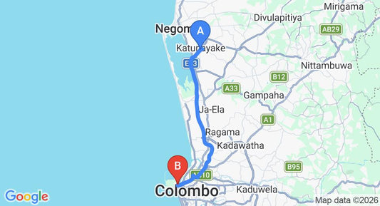 Driving route map: Colombo Airport (CMB) to Grand Oriental Hotel, Colombo (34 km, approx 45 min private transfer)