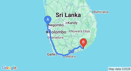 Driving route map: Colombo Airport (CMB) to Lake View Bungalow Yala, Tissamaharama (283 km, approx 3 h 52 min private transfer)