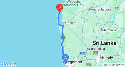 Driving route map: Colombo Airport (CMB) to Turtle Point Lodge, Kalpitiya (140 km, approx 3 h 17 min private transfer)