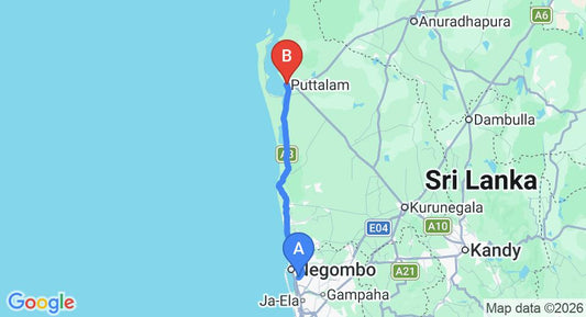 Driving route map: Colombo Airport (CMB) to Puttalam (106 km, approx 2 h 38 min private transfer)