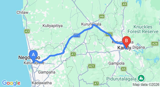 Driving route map: Colombo Airport (CMB) to Majestic Tourist Hotel, Kandy (116 km, approx 2 h 57 min private transfer)