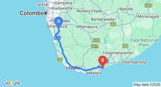 Driving route map: Yala to Tangalle (148 km, approx 2 h 17 min private transfer)