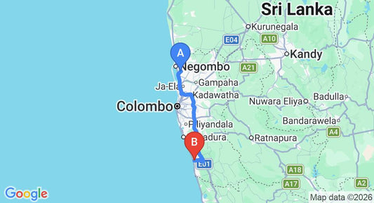 Driving route map: Colombo Airport (CMB) to Hotel Water Nest, Kalutara (92 km, approx 1 h 27 min private transfer)