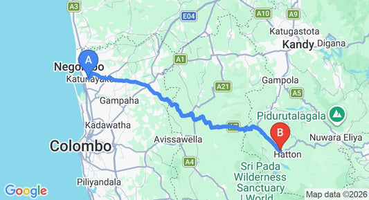Driving route map: Colombo Airport (CMB) to Mandira Strathdon Holiday Bungalow, Hatton (111 km, approx 3 h 24 min private transfer)