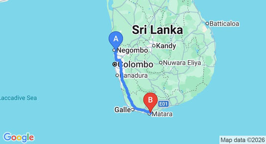 Driving route map: Colombo Airport (CMB) to Cinnamon Leaf villa, Matara (186 km, approx 2 h 33 min private transfer)