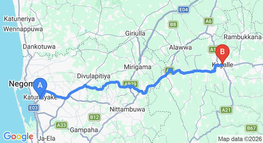 Driving route map: Colombo Airport (CMB) to Kegalle (65 km, approx 1 h 50 min private transfer)