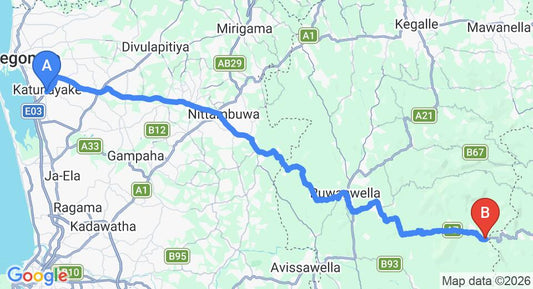 Driving route map: Colombo Airport (CMB) to Kitulgala (84 km, approx 2 h 29 min private transfer)