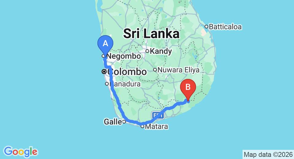 Driving route map: Colombo Airport (CMB) to Leopard Trails, Yala (291 km, approx 3 h 57 min private transfer)