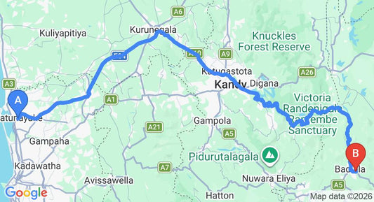 Driving route map: Colombo Airport (CMB) to Grand Regency Hotel, Badulla (229 km, approx 5 h 50 min private transfer)