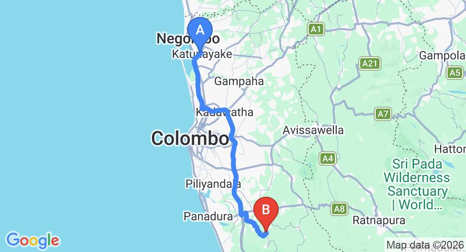 Driving route map: Colombo Airport (CMB) to Yala (77 km, approx 1 h 23 min private transfer)