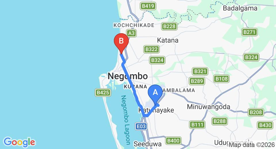 Driving route map: Colombo Airport (CMB) to Yoho Hotel Red Rose, Negombo (12 km, approx 29 min private transfer)