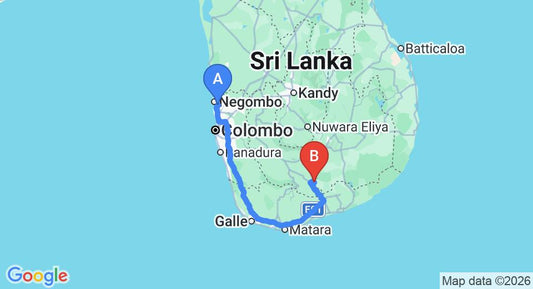 Driving route map: Colombo Airport (CMB) to Elephant Lane Holiday Resort, Udawalawe (261 km, approx 3 h 41 min private transfer)