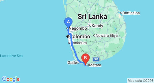 Driving route map: Colombo Airport (CMB) to Sunset Hotel, Mirissa (178 km, approx 2 h 36 min private transfer)
