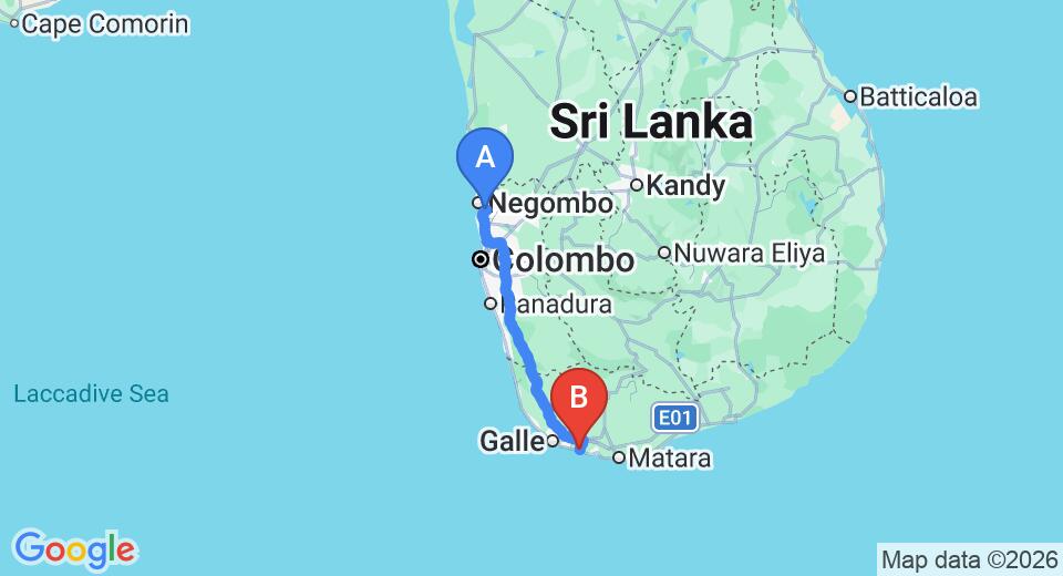 Driving route map: Colombo Airport (CMB) to Villa Kathaluwa, Koggala (163 km, approx 2 h 16 min private transfer)