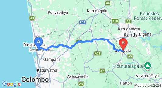 Driving route map: Colombo Airport (CMB) to Barkley Hill Holiday Bungalow, Gampola (106 km, approx 3 h 10 min private transfer)
