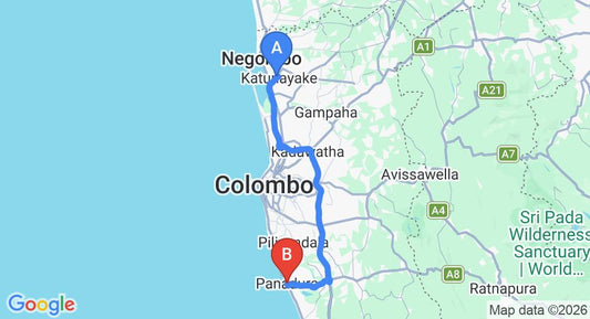 Driving route map: Colombo Airport (CMB) to Panadura (76 km, approx 1 h 23 min private transfer)