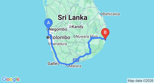 Driving route map: Colombo Airport (CMB) to Riva del Sole, Arugam Bay (419 km, approx 6 h 28 min private transfer)