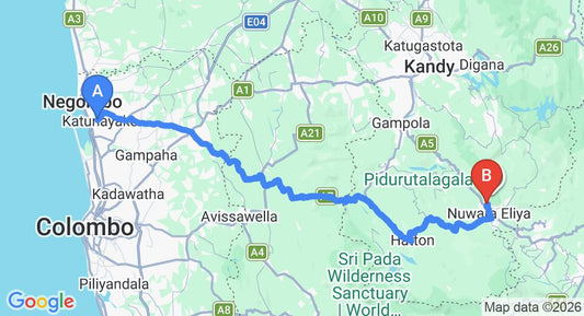 Driving route map: Colombo Airport (CMB) to Anilana Craigbank, Nuwara Eliya (156 km, approx 4 h 51 min private transfer)
