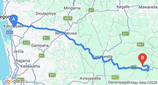Driving route map: Colombo Airport (CMB) to Palmstone Retreat - Kithulgala, Kitulgala (94 km, approx 2 h 56 min private transfer)