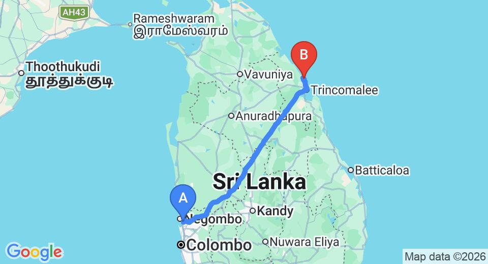 Driving route map: Colombo Airport (CMB) to Anilana, Nilaveli (254 km, approx 5 h 14 min private transfer)