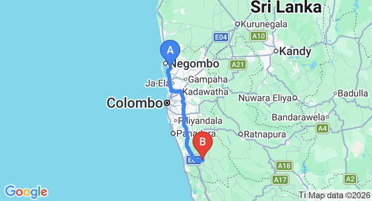 Driving route map: Colombo Airport (CMB) to Mathugama (94 km, approx 1 h 27 min private transfer)