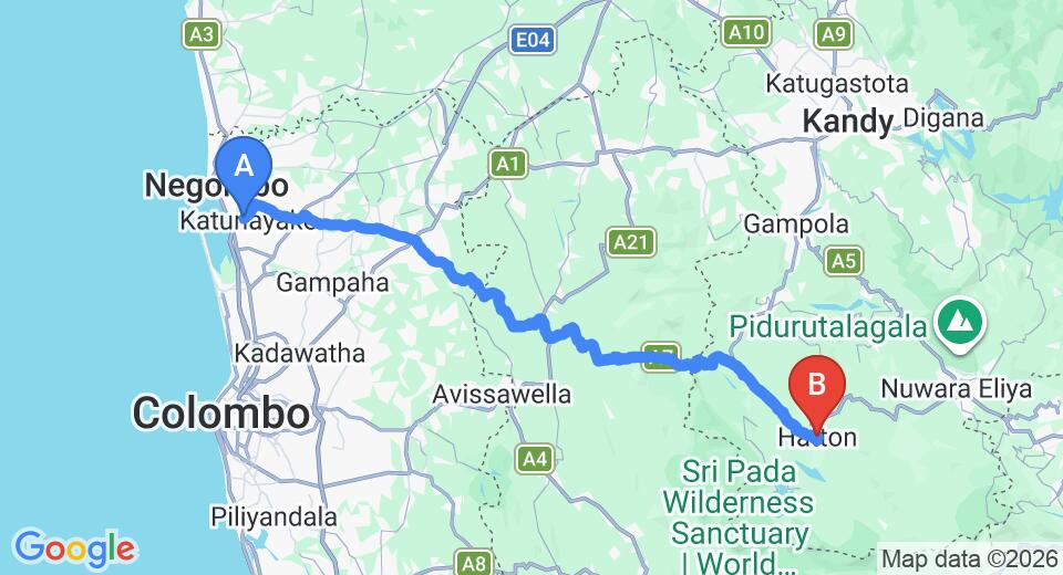 Driving route map: Colombo Airport (CMB) to Tea Garden Hotel Complex, Hatton (116 km, approx 3 h 36 min private transfer)