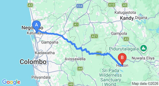 Driving route map: Colombo Airport (CMB) to Tea Garden Hotel Complex, Hatton (116 km, approx 3 h 36 min private transfer)