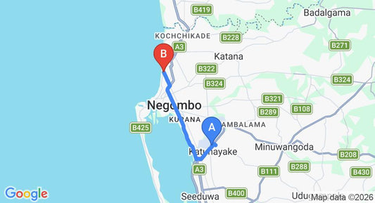 Driving route map: Colombo Airport (CMB) to Evid Garden, Negombo (12 km, approx 29 min private transfer)