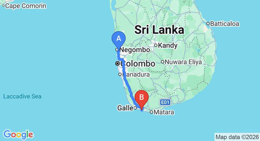 Driving route map: Colombo Airport (CMB) to Villa Serendipity, Galle (164 km, approx 2 h 18 min private transfer)