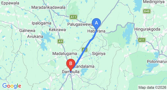 Driving route map: Habarana to Dambulla (22 km, approx 25 min private transfer)