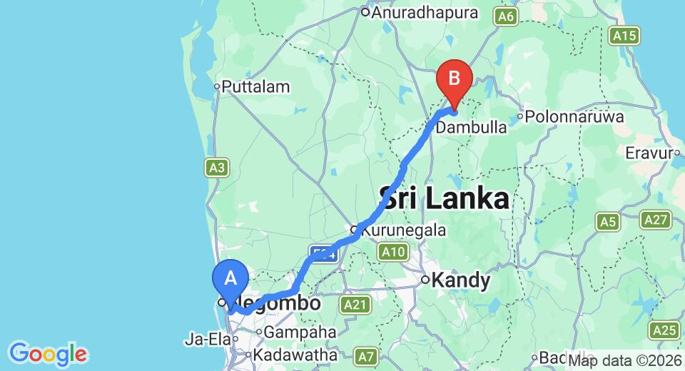 Driving route map: Colombo Airport (CMB) to RHO Sigiriya Lake Edge Retreat, Sigiriya (145 km, approx 3 h 19 min private transfer)