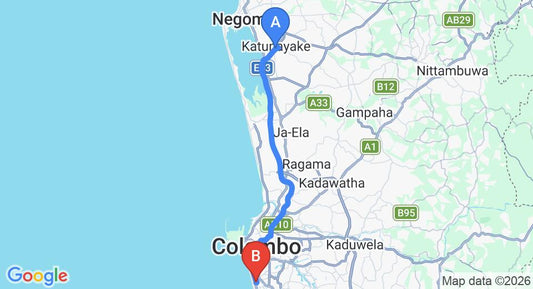 Driving route map: Colombo Airport (CMB) to Akara Suites and Apartments, Bambalapitiya (38 km, approx 53 min private transfer)