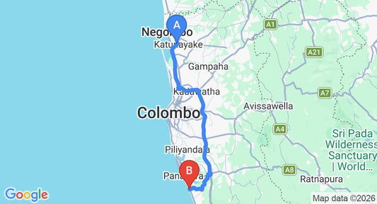 Driving route map: Colombo Airport (CMB) to Aaron's Beach Villa, Wadduwa (78 km, approx 1 h 23 min private transfer)