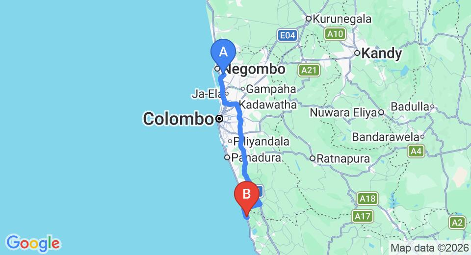 Driving route map: Colombo Airport (CMB) to Villa Angeles, Induruwa (114 km, approx 1 h 51 min private transfer)