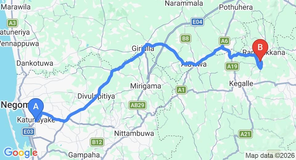 Driving route map: Colombo Airport (CMB) to Hotel Pinnalanda, Pinnawala (78 km, approx 2 h 7 min private transfer)