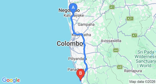 Driving route map: Colombo Airport (CMB) to Hibiscus Beach Hotel and Villas, Kalutara (80 km, approx 1 h 24 min private transfer)