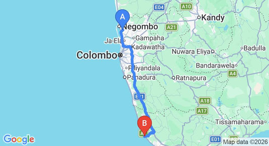 Driving route map: Colombo Airport (CMB) to Coral Rock by Bansei, Hikkaduwa (144 km, approx 2 h 9 min private transfer)