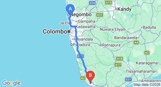 Driving route map: Colombo Airport (CMB) to Owinmo Hotel, Galle (144 km, approx 2 h 9 min private transfer)