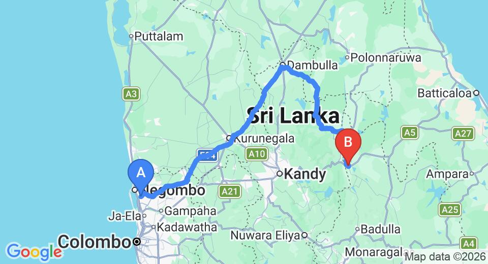 Driving route map: Colombo Airport (CMB) to Hemara Mahaweli Resort, Mahiyanganaya (221 km, approx 4 h 39 min private transfer)