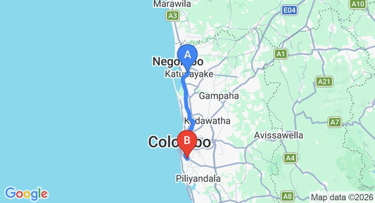 Driving route map: Colombo Airport (CMB) to Silvikris Villas, Colombo (38 km, approx 55 min private transfer)