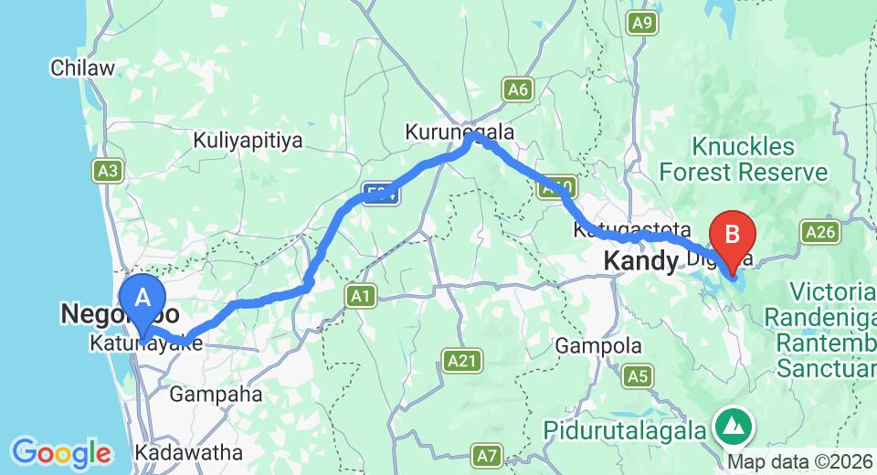 Driving route map: Colombo Airport (CMB) to Villa Sukum, Kandy (131 km, approx 3 h 22 min private transfer)