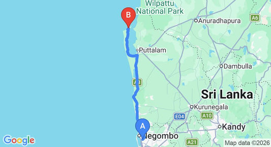 Driving route map: Colombo Airport (CMB) to Sethawadiya Dolphin View Eco Lodge, Kalpitiya (140 km, approx 3 h 18 min private transfer)