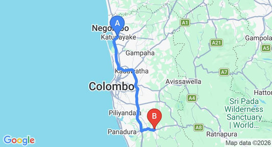 Driving route map: Colombo Airport (CMB) to Horana (72 km, approx 1 h 16 min private transfer)