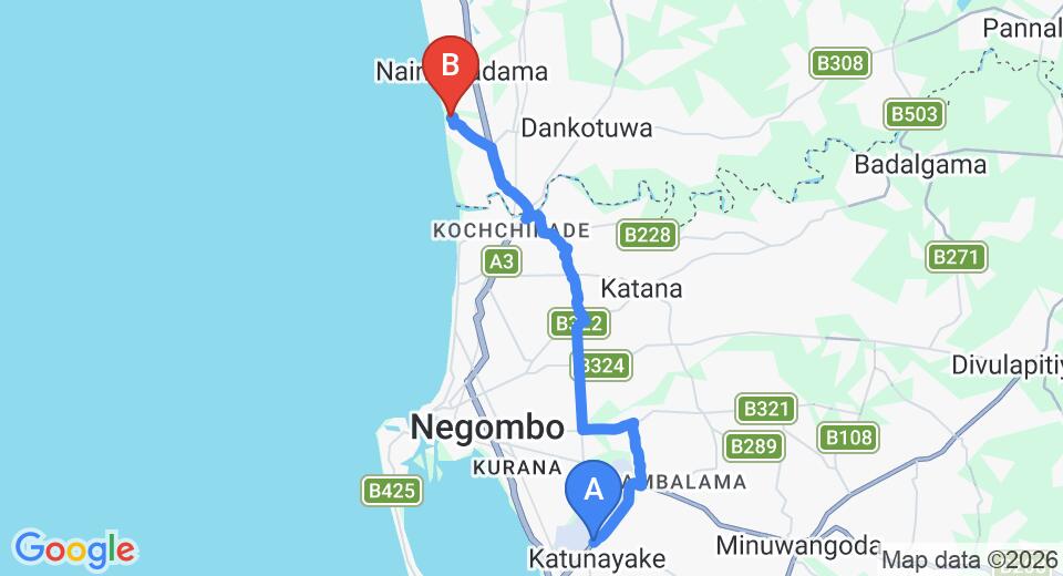 Driving route map: Colombo Airport (CMB) to Suriya Resort, Waikkal (20 km, approx 43 min private transfer)